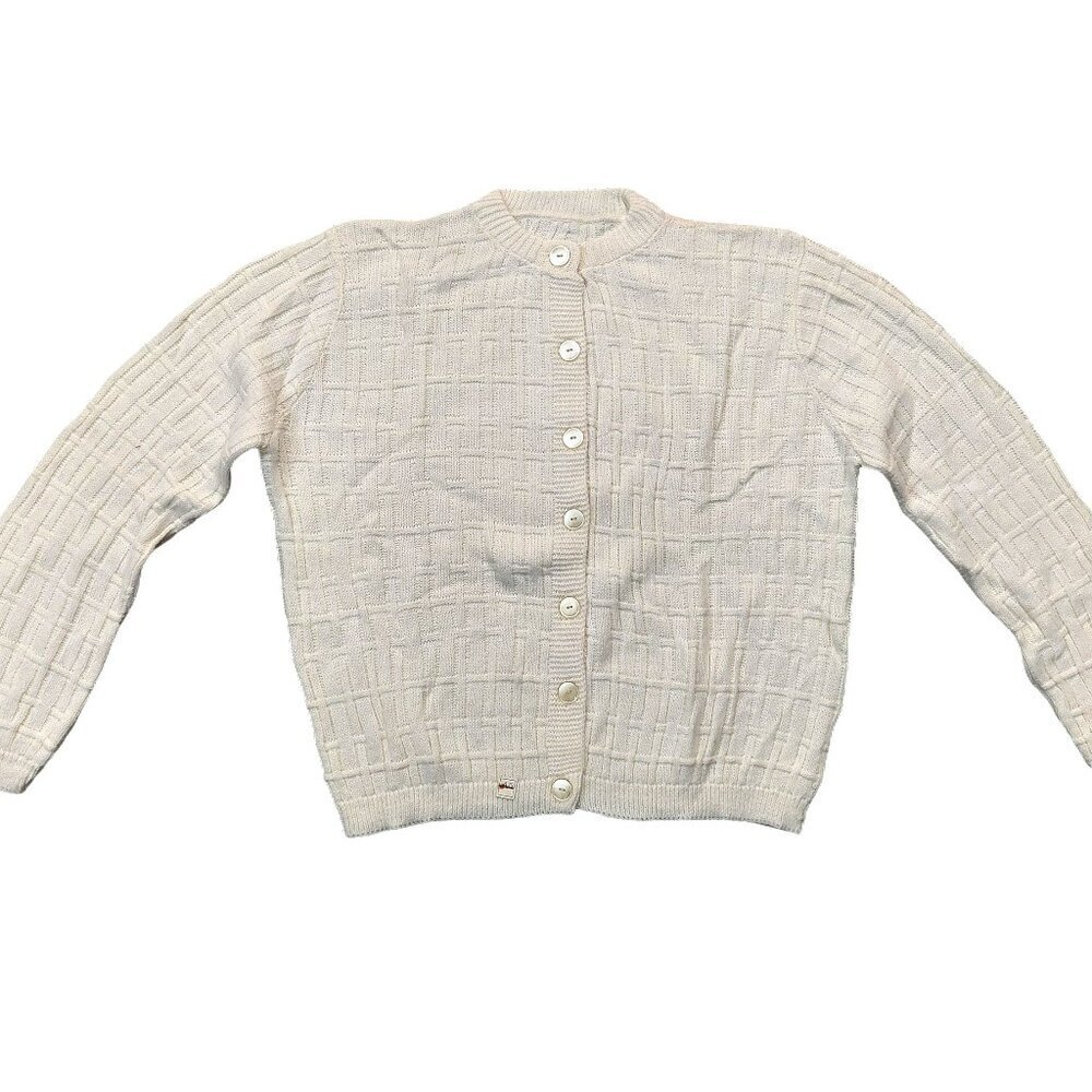 Retro Vintage 1940s-1950s Waffle Knit Cream/Ivory Long Sleeve Cardigan Sweater